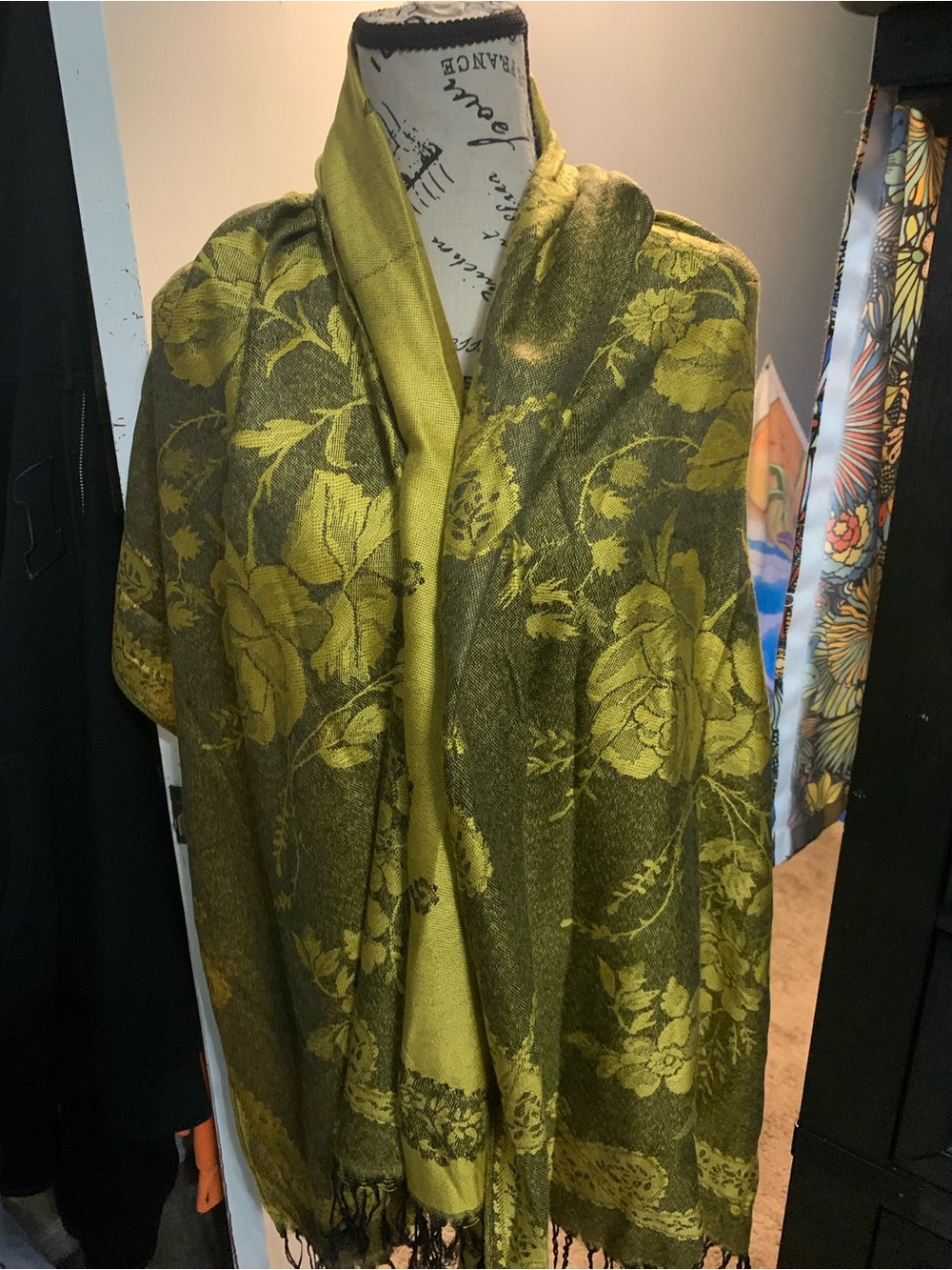 Olive Green Floral Jacquard Shawl Wrap
